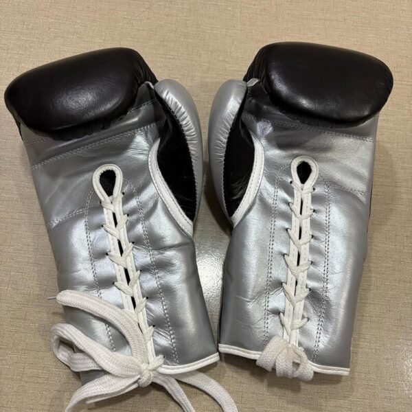 Winning Black Silver Boxing Gloves 16oz lace-up front view